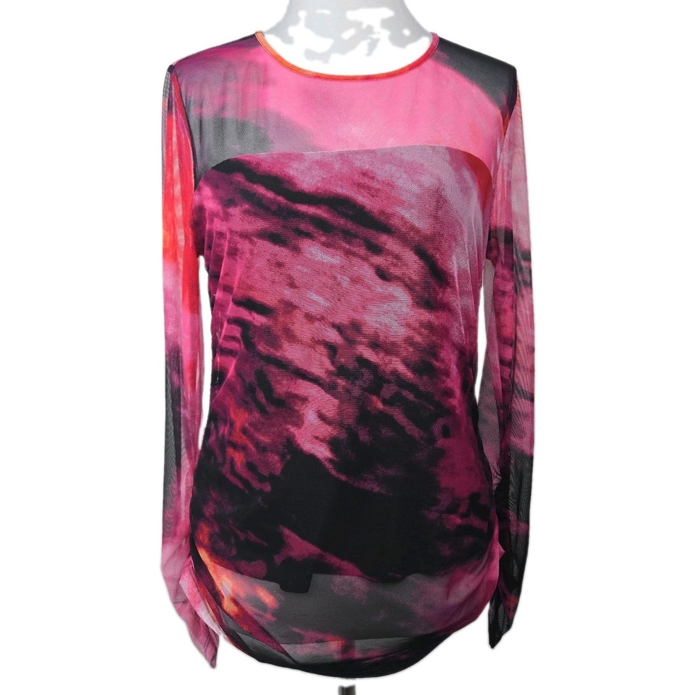 DKNY Women's Medium Multicolor Mesh Net Ruched Long Sleeve Top Blouse‎ Lined